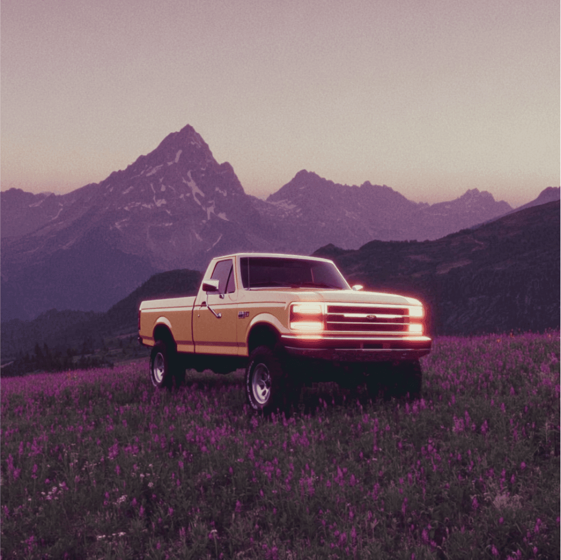 Truck Wildflowers Mountain Dusk